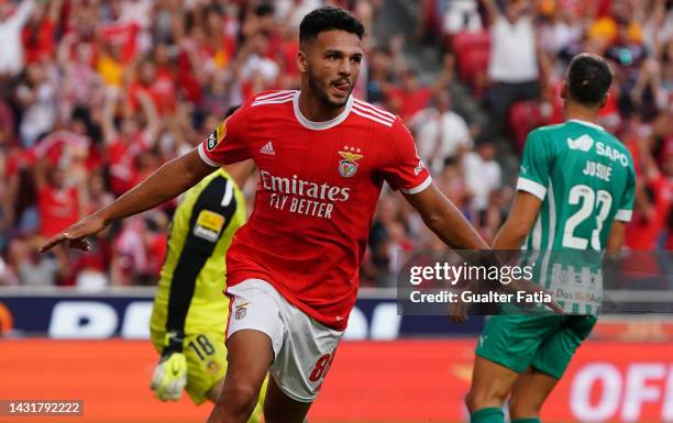 Goncalo Ramos of SL Benfica celebrates after scoring a goal during the Liga Portugal Bwin match between SL Benfica and Rio Ave FC at Estadio da Luz...