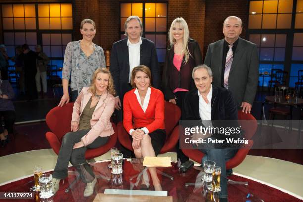 Tanja Wedhorn, Markus Stenz, Olga Roh and Josef Wilfling , Mirja Boes, host Bettina Boettinger and Christian Rach attend the photocall after 'Koelner...