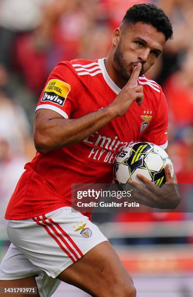 Goncalo Ramos of SL Benfica celebrates after scoring a goal during the Liga Portugal Bwin match between SL Benfica and Rio Ave FC at Estadio da Luz...