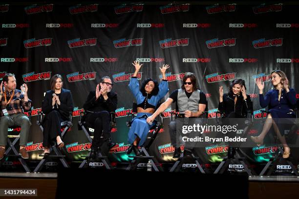 Scott M. Gimple, Lauren Cohan, Jeffrey Dean Morgan, Lauren Ridloff, Norman Reedus, Paola Lazaro Juanita and Eleanor Matsuura speak onstage at The...