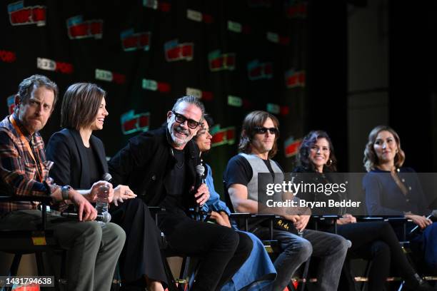 Scott M. Gimple, Lauren Cohan, Jeffrey Dean Morgan, Lauren Ridloff, Norman Reedus, Paola Lazaro Juanita and Eleanor Matsuura speak onstage at The...