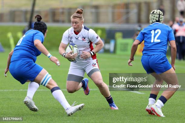 Alev Kelter of the United States runs the ball during the Pool B Rugby World Cup 2021 New Zealand match between the United States and Italy at...