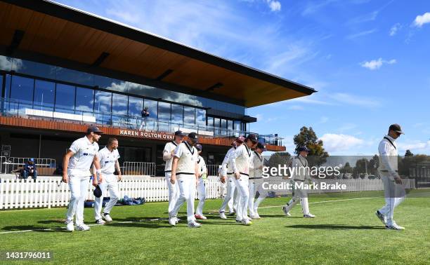 Victoria head out to start day 4 during the Sheffield Shield match between South Australia and Victoria at Karen Rolton Oval, on October 09 in...