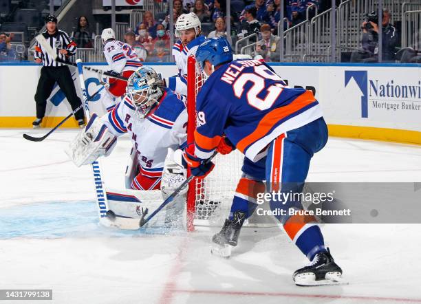 Igor Shesterkin of the New York Rangers makes the second period save on Anders Lee of the New York Islanders at the UBS Arena on October 08, 2022 in...