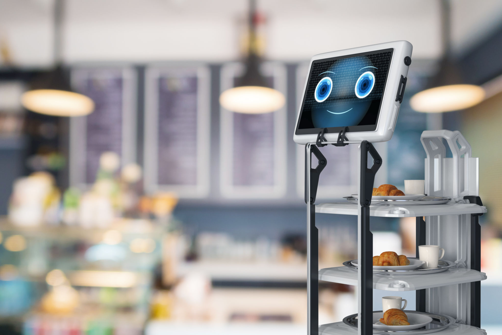 Automation cafe with robotic assistant or service robot serve food Automation cafe with robotic assistant or service robot serve food