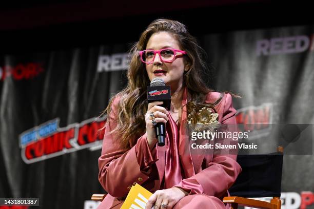 Drew Barrymore speaks onstage during HALLOWEEN ENDS presented by Universal Pictures during New York Comic Con at Jacob Javits Center on October 08,...