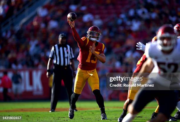 Caleb Williams of the USC Trojans throws against the Washington State Cougars in the first quarter at United Airlines Field at the Los Angeles...