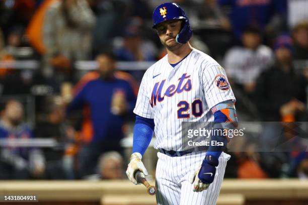 Pete Alonso of the New York Mets reacts to striking out during the third inning against the San Diego Padres in game two of the Wild Card Series at...