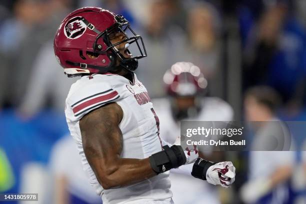 MarShawn Lloyd of the South Carolina Gamecocks celebrates after scoring a touchdown in the first quarter against the Kentucky Wildcats at Kroger...