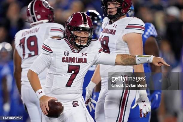 Spencer Rattler of the South Carolina Gamecocks reacts after a penalty in the first quarter against the Kentucky Wildcats at Kroger Field on October...