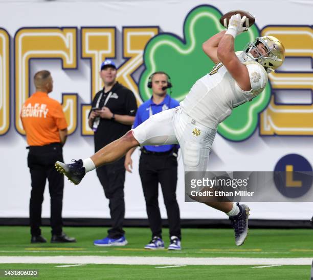Tight end Michael Mayer of the Notre Dame Fighting Irish catches a 24-yard touchdown pass against the Brigham Young Cougars in the Shamrock Series...