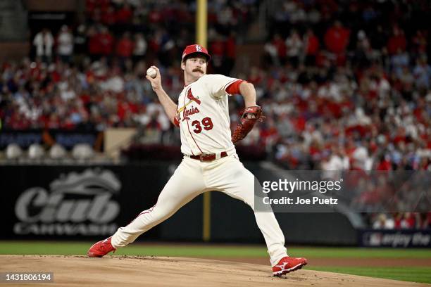Miles Mikolas of the St. Louis Cardinals throws a pitch against the Philadelphia Phillies during the first inning in game two of the National League...