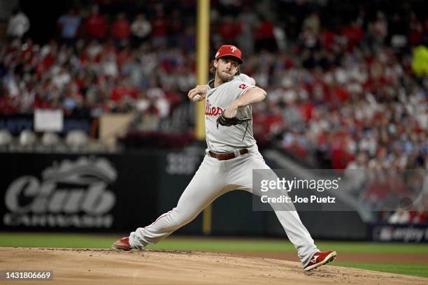 Aaron Nola of the Philadelphia Phillies throws a pitch against the St. Louis Cardinals during the first inning in game two of the National League...