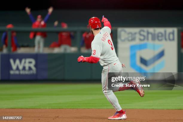 Bryce Harper of the Philadelphia Phillies celebrates after hitting a solo home run against the St. Louis Cardinals during the second inning in game...