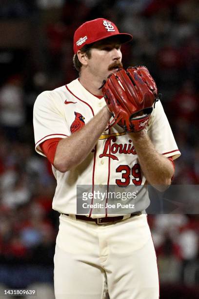 Miles Mikolas of the St. Louis Cardinals prepares to pitch against the Philadelphia Phillies during the first inning in game two of the National...