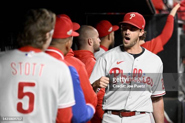Aaron Nola of the Philadelphia Phillies reacts in the dugout against the St. Louis Cardinals during the first inning in game two of the National...