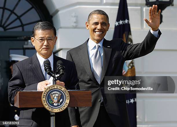 Veterans Affairs Secretary Eric Shinseki introduces President Barack Obama during the kickoff of the Wounded Warrior Project's Soldier Ride on the...