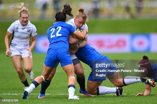 Alev Kelter of the United States is tackled during the Pool B Rugby World Cup 2021 New Zealand match between the United States and Italy at Northland...