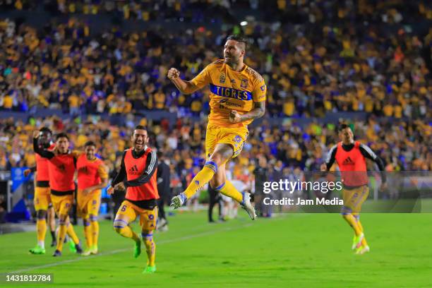 Andre-Pierre Gignac of Tigres celebrates after scoring his team's first goal during the playoff match between Tigres UANL and Necaxa as part of the...