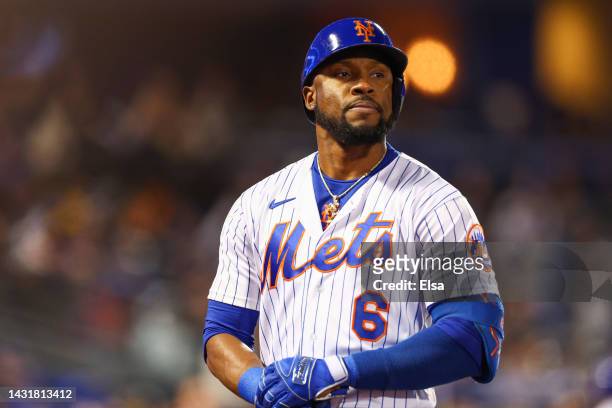 Starling Marte of the New York Mets reacts after flying out during the fourth inning against the San Diego Padres in game two of the Wild Card Series...