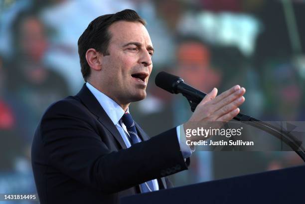 Nevada Republican U.S. Senate candidate Adam Laxalt speaks during a campaign rally at Minden-Tahoe Airport on October 08, 2022 in Minden, Nevada....