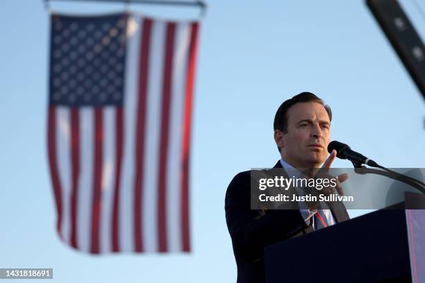 Nevada Republican U.S. Senate candidate Adam Laxalt speaks during a campaign rally at Minden-Tahoe Airport on October 08, 2022 in Minden, Nevada....