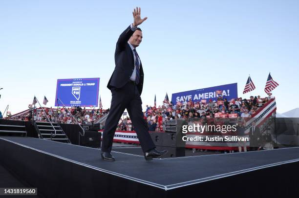 Nevada Republican U.S. Senate candidate Adam Laxalt greets supporters during a campaign rally at Minden-Tahoe Airport on October 08, 2022 in Minden,...