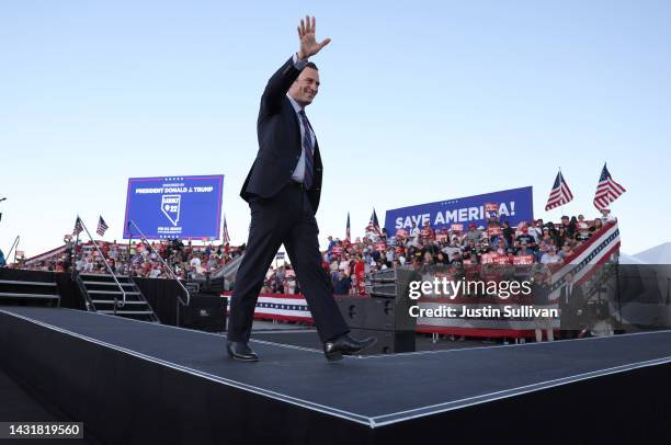 Nevada Republican U.S. Senate candidate Adam Laxalt greets supporters during a campaign rally at Minden-Tahoe Airport on October 08, 2022 in Minden,...