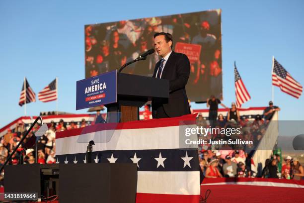 Nevada republican U.S. Senate candidate Adam Laxalt speaks during a campaign rally at Minden-Tahoe Airport on October 08, 2022 in Minden, Nevada....
