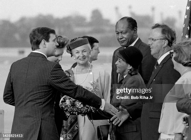 Los Angeles Mayor Tom Bradley welcomes Sarah, Duchess of York, and her husband, Prince Andrew, Duke of York, upon their arrival at Los Angeles...