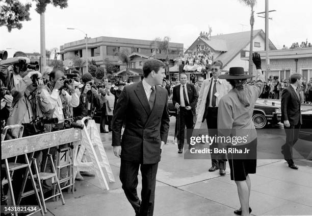 Sarah, Duchess of York, and her husband, Prince Andrew, Duke of York, arrive at event at local church, March 2, 1988 in Long Beach, California.