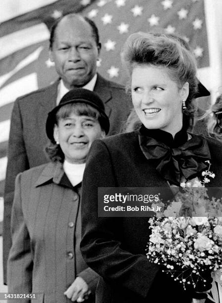 Los Angeles Mayor Tom Bradley and wife Ethel Arnold welcome Sarah, Duchess of York, and her husband, Prince Andrew, Duke of York, upon their arrival...