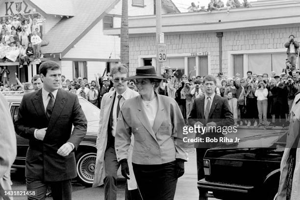 Sarah, Duchess of York, and her husband, Prince Andrew, Duke of York, arrive at event at local church, March 2, 1988 in Long Beach, California.