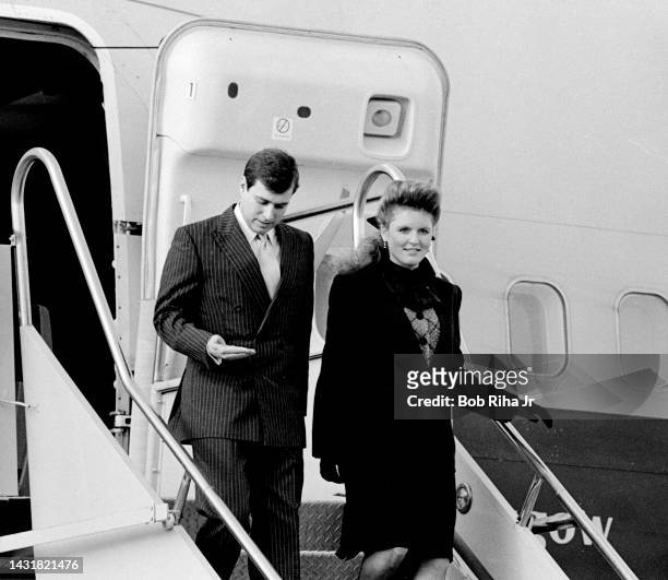 Sarah, Duchess of York, and her husband, Prince Andrew, Duke of York, upon their arrival at Los Angeles International Airport, February 26, 1988 in...