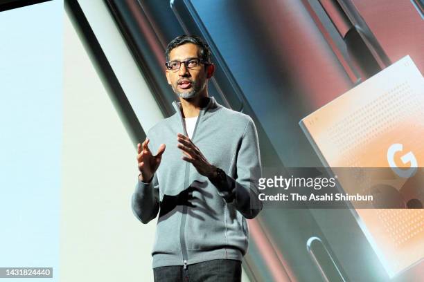 Google CEO Sundar Pichai makes a speech during new products launch event on October 7, 2022 in Tokyo, Japan.