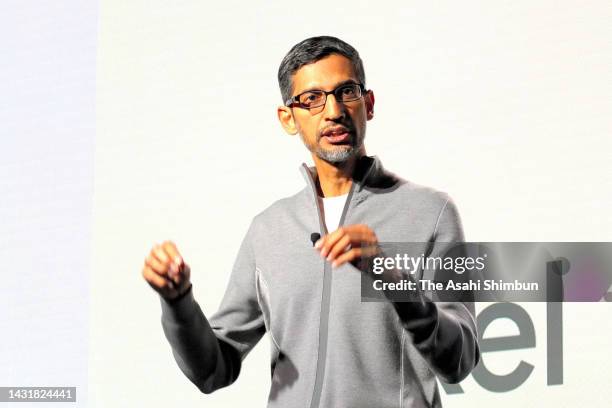 Google CEO Sundar Pichai makes a speech during new products launch event on October 7, 2022 in Tokyo, Japan.