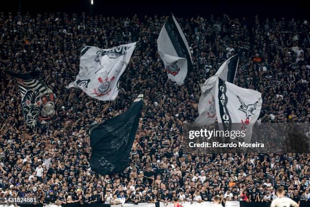 Fans of Corinthians during the match between Corinthians and Athletico Paranaense as part of Brasileirao Series A 2022 at Neo Quimica Arena on...