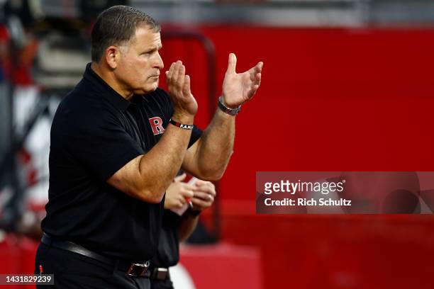 Head coach Greg Schiano of the Rutgers Scarlet Knights before of a game against the Nebraska Cornhuskers at SHI Stadium on October 7, 2022 in...