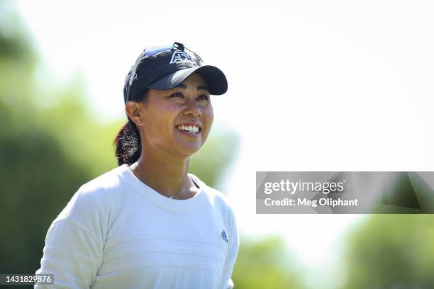 Danielle Kang of the United States reacts after playing her shot on the seventh tee during the third round of the LPGA MEDIHEAL Championship at The...