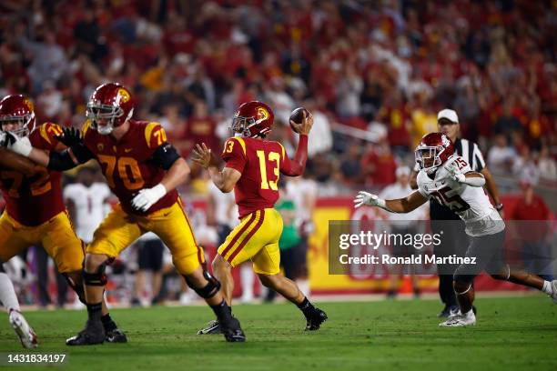 Caleb Williams of the USC Trojans throws against the Washington State Cougars in the third quarter at United Airlines Field at the Los Angeles...