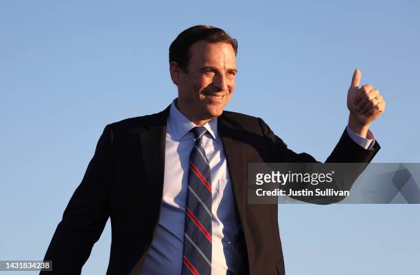 Nevada republican U.S. Senate candidate Adam Laxalt greets supporters during a campaign rally at Minden-Tahoe Airport on October 08, 2022 in Minden,...