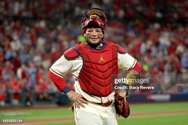 Yadier Molina of the St. Louis Cardinals walks to the dugout against the Philadelphia Phillies during the sixth inning in game two of the National...