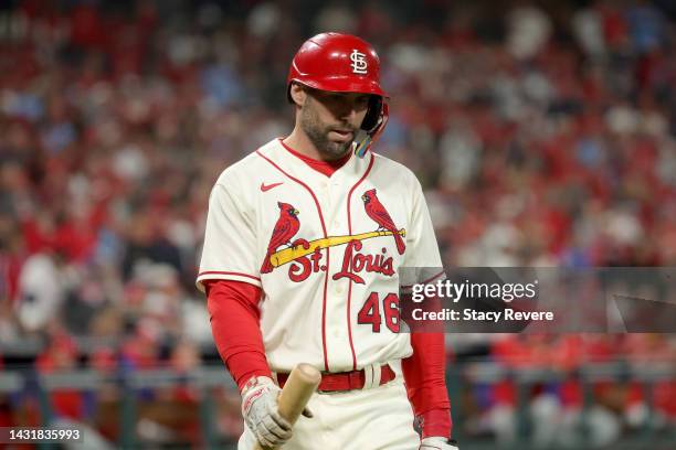 Paul Goldschmidt of the St. Louis Cardinals reacts after striking out against the Philadelphia Phillies during the sixth inning in game two of the...