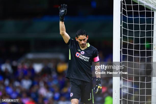 Jesus Corona of Cruz Azul gestures during the playoff match between Cruz Azul and León as part of the Torneo Apertura 2022 Liga MX at Azteca Stadium...