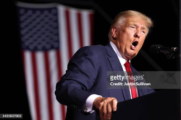 Former U.S. President Donald Trump speaks during a campaign rally at Minden-Tahoe Airport on October 08, 2022 in Minden, Nevada. Former U.S....