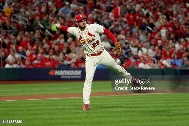 Nolan Arenado of the St. Louis Cardinals fields a ground ball against the Philadelphia Phillies during the seventh inning in game two of the National...