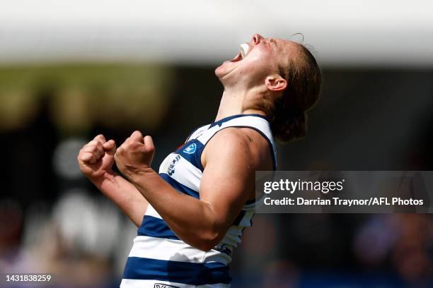 Chloe Scheer of Geelong celebrates a goal during the round seven AFLW match between the Essendon Bombers and the Geelong Cats at Reid Oval on October...