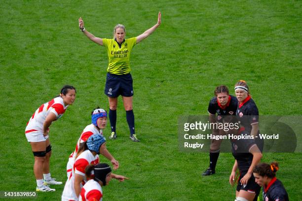 Joy Neville referees during the Pool B Rugby World Cup 2021 New Zealand match between Japan and Canada at Northland Events Centre on October 09 in...