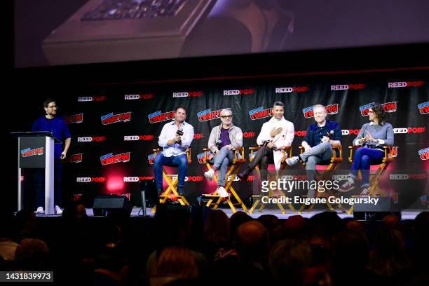 Josh Horowitz, Rod Roddenberry, Alex Kurtzman, Wilson Cruz, Anthony Rapp, and Michelle Paradise speak onstage at the Star Trek Universe panel during...