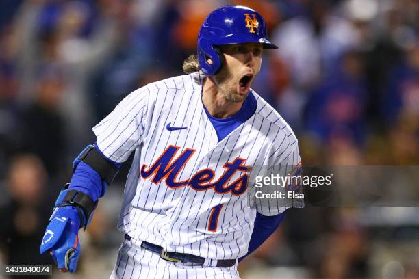 Jeff McNeil of the New York Mets hits a two run double during the seventh inning against the San Diego Padres in game two of the Wild Card Series at...